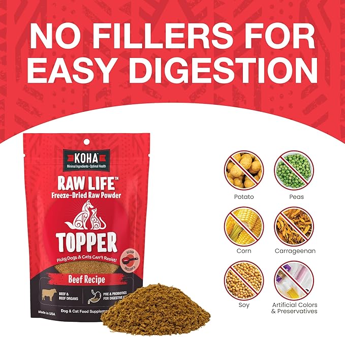 KOHA Raw Life Freeze-Dried Raw Topper Beef for Dogs and Cats, High Protein Meal Topper for Picky Eaters with Probiotics, 8oz Bag