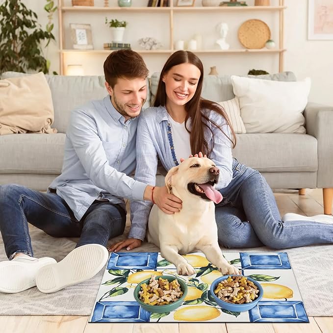 Lemon Dog Food Mat for Floors Absorbent Dog Bowl Mat for Food and Water Dispenser Quick Dry Cat Food Placemat Pet Supplies 16" x 24", Tile Leaves