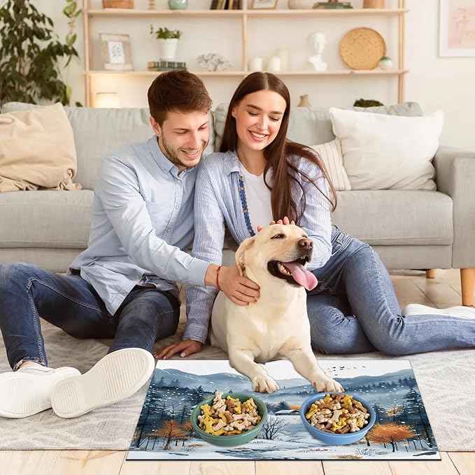 Village Dog Food Mat for Floors Absorbent, Quick Dry Water Dispenser Mat for Food, Water, Pet Supplies 16" x 24", Forest