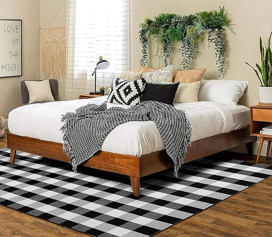 KOZYFLY Buffalo Plaid Area Rug 5 x 8 Ft Black and White Checkered Rug Washable Outdoor Patio Rugs Cotton Rugs for Living Room Carpet for Dining Room Bedroom Farmhouse Rug