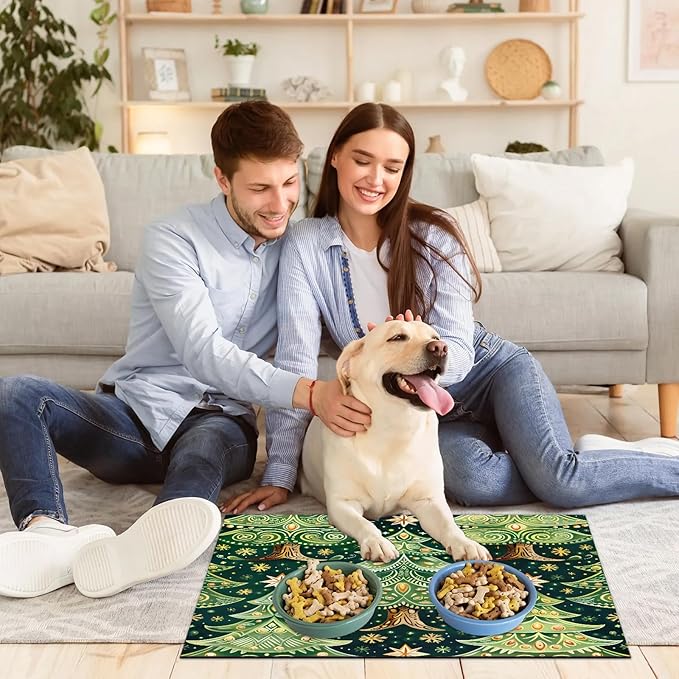 Christmas Tree Dog Food Mat for Floors Absorbent, Quick Dry Water Dispenser Mat for Food, Water, Pet Supplies 17" x 30", Snowflake Star