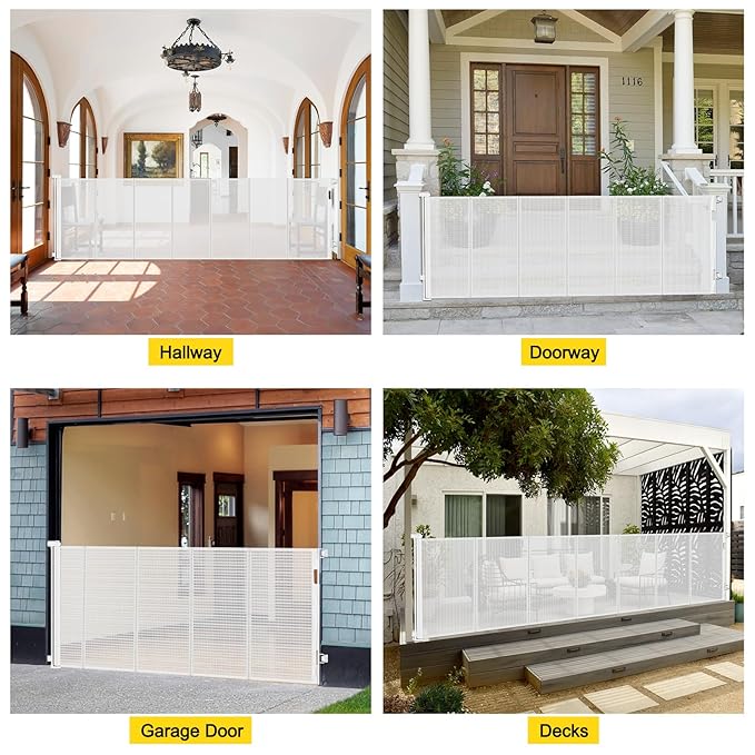 Reinforced 42” Tall x 100” Extra Wide Retractable Baby Gate for Large Openings Tall Baby Gates for Dogs Pet Gate with Rods to Prevent Crawling Through, Extra Wide Mesh Dog Gate, White