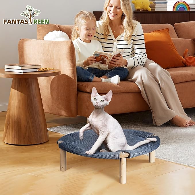 Wooden Elevated Cat Bed Hammock Breathable Scratch-Resistant Fabric, Pet Bed Suitable for Cats, Small Dogs, Rabbits up to 33 lbs, Grey (Medium, Round-Type)