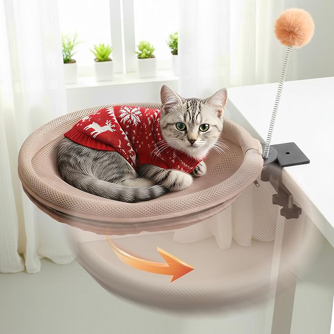 Cat Desk Bed with Teaser Wand, Under Desk Cats Bed Platform with Sturdy Clamp, Space-Saving Cat Perch Mounts Underneath Desk for Large Cats(Khaki)