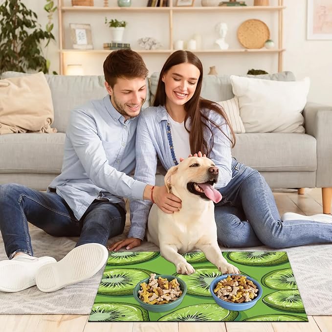 Kiwi Fruit Dog Food Mat for Floors Absorbent Dog Bowl Mat for Food and Water Dispenser Quick Dry Cat Food Placemat Pet Supplies 17" x 30", Cute Kiwi