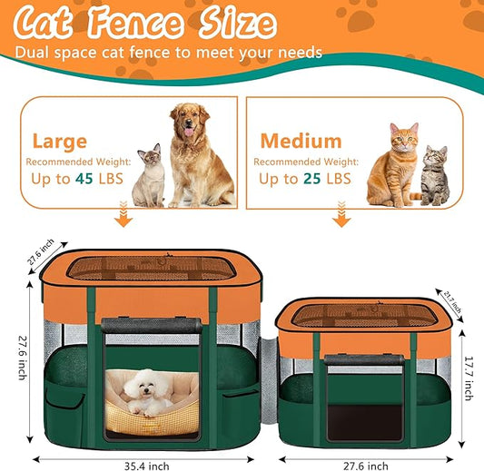 Portable Cat Playpen with Separate Areas, 2-in-1 Puppy Playpen & Cats Cage, Foldable Pet Tent for Indoor and Outdoor Use, Collapsible Tent Kennel Cage House(35.4"x27.6"x27.6", Orange & Green)
