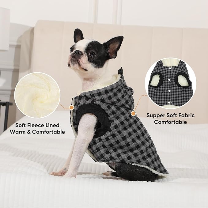 Fleece Lining Dog Hoodie for Small Dogs Extra Warm Plaid Sweater with Drawstring Hooded Coats in Winter Puppy Jacket,Black M