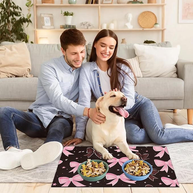 Black Pink Bow Dog Food Mat for Floors Absorbent, Quick Dry Water Dispenser Mat for Food, Water, Pet Supplies 16" x 24", Bownot