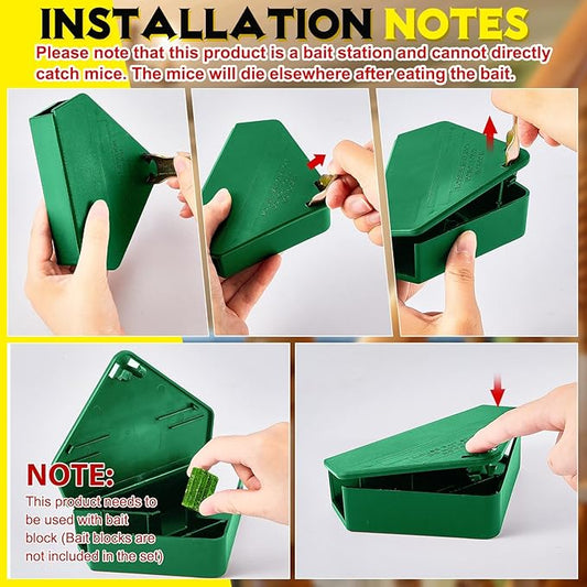 Qualirey Mice Station with Key Triangle Mouse Station Reusable Rodent Trap Box, Keeps Children and Pets Safe Indoor & Outdoor Suitable for Small Mice(Green,24 Pcs)