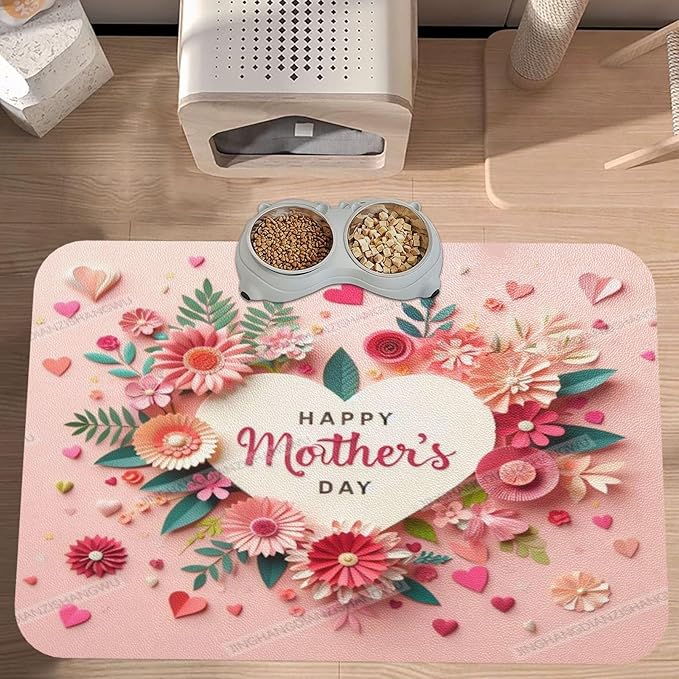 Dog Food Mat Happy Mother's Day Pink Floral Gift for Mom Ky Absorbent Water Bowl Mats Cat Pet Feeding Placemats 24x16In
