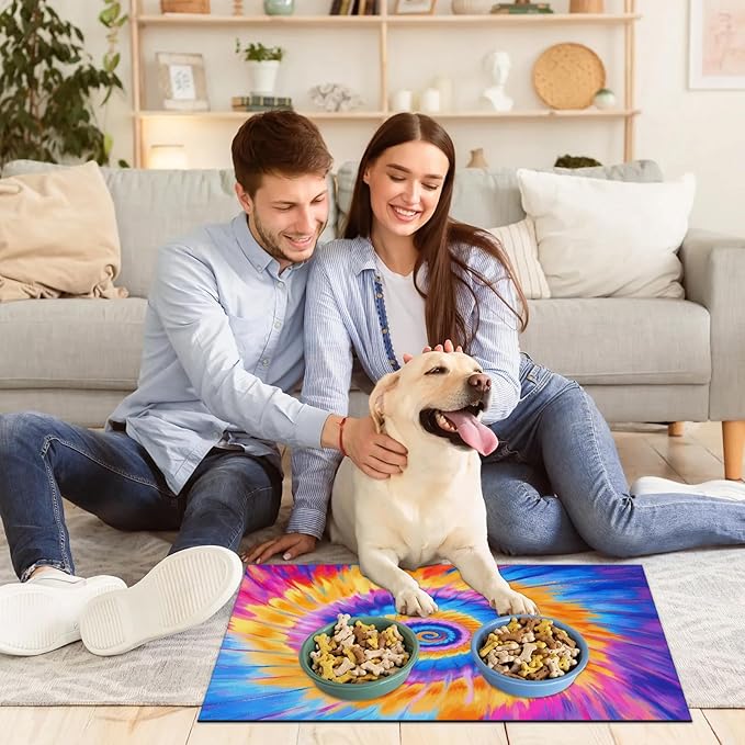 Tie Dye Dog Food Mat for Floors Absorbent, Quick Dry Water Dispenser Mat for Food, Water, Pet Supplies 24" x 32", Watercolor Rainbow