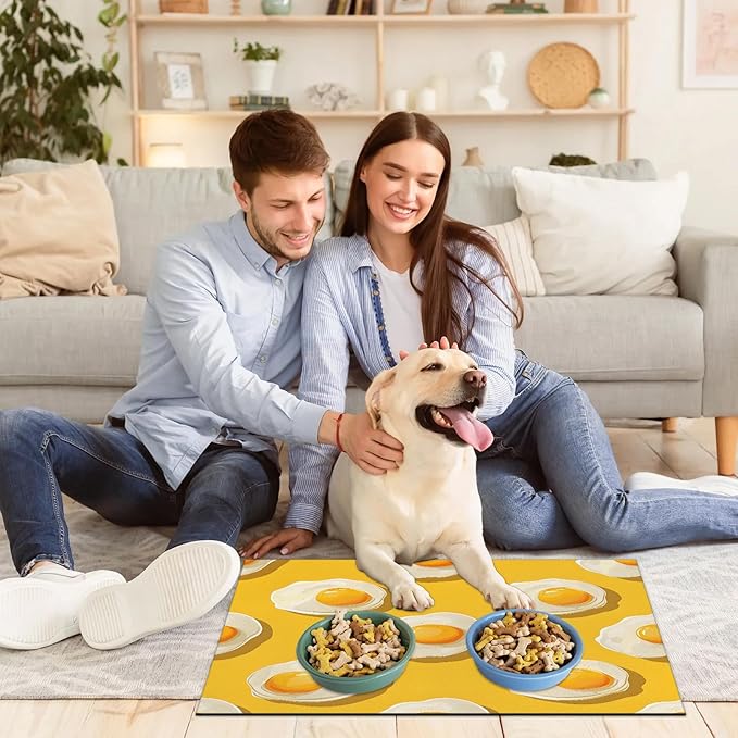 Cartoon Egg Dog Food Mat for Floors Absorbent Dog Bowl Mat for Food and Water Dispenser Quick Dry Cat Food Placemat Pet Supplies 24" x 32", Cute Fried Egg