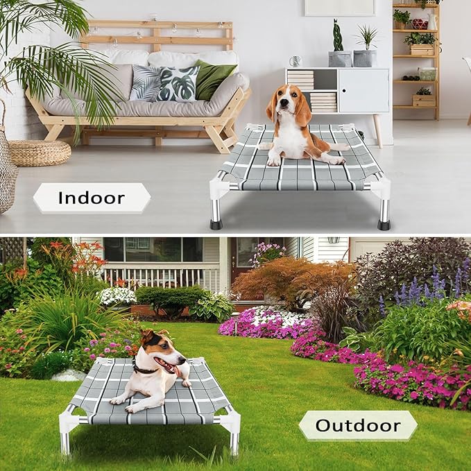 Elevated Raised Outdoor Dog Bed - Cooling Lifted Outside Dogs Cot Bed with Non-Slip Feet Dog Hammock Bed with Stainless Steel Frame Portable Puppy Pet Bed for Indoor & Outdoor