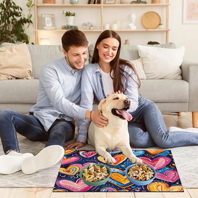 Heart Dog Food Mat for Floors Absorbent, Quick Dry Water Dispenser Mat for Food, Water, Pet Supplies 12" x 20", Love Theme