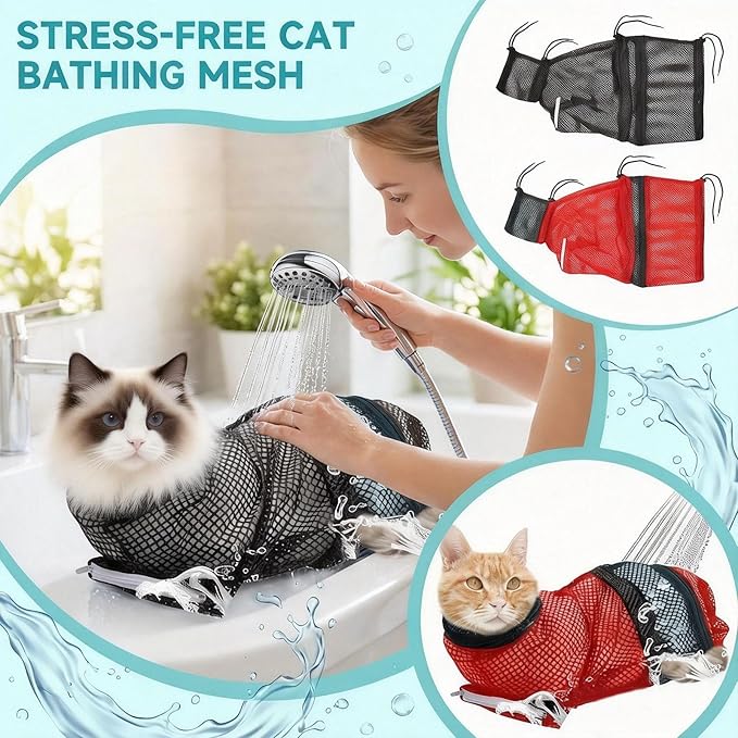 Cat Bathing Bag, Adjustable Mesh Grooming Restraint Bag for Cats, Red and Black, Stress-Free Pet Washing and Nail Trimming (Black)