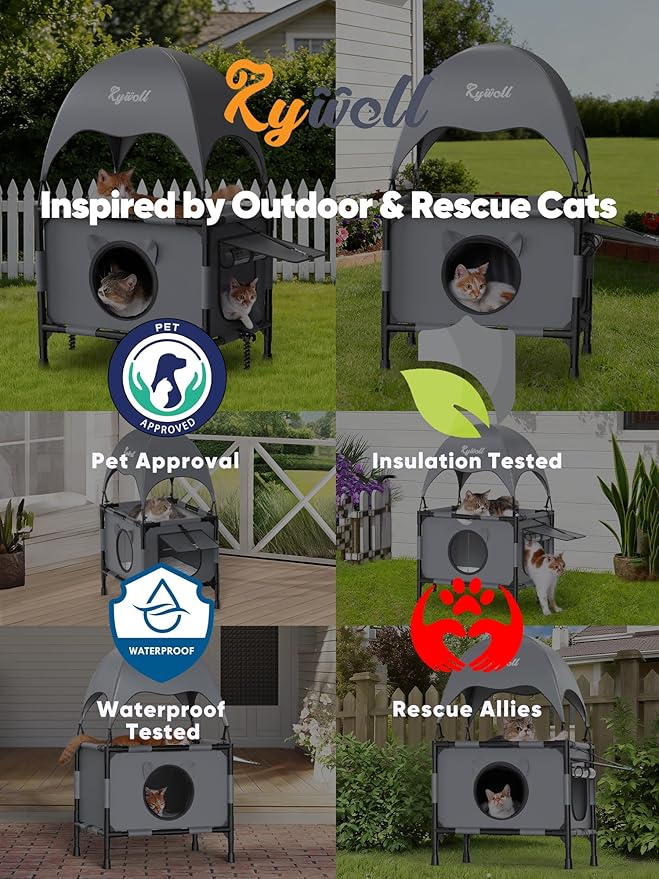 Rywell Outdoor Cat House Elevated 2-Tier Outdoor Cat Shelter with Canopy, Multi-Level Raised Platform, Outside Cat House with Breathable Mesh & Reversible Pad for Multiple Cats