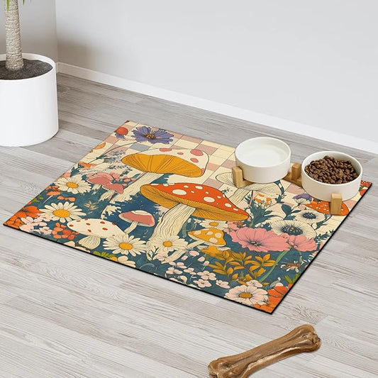 Boho Mushrooms Dog Food Mat for Floors Absorbent Dog Bowl Mat for Food and Water Dispenser Quick Dry Cat Food Placemat Pet Supplies 16" x 24", Flower Floral