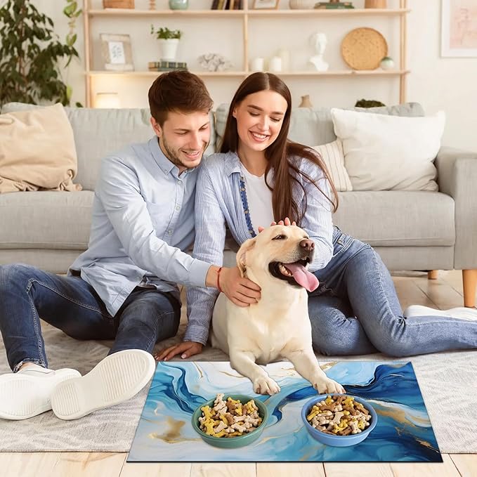 Blue Marble Dog Food Mat for Floors Absorbent, Quick Dry Water Dispenser Mat for Food, Water, Pet Supplies 16" x 24", Abstract
