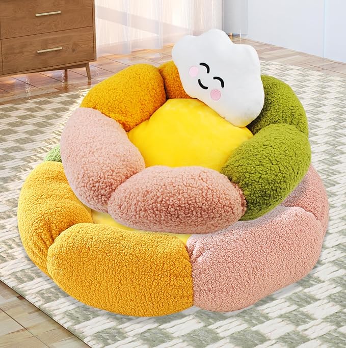 Cute Flower Cat Bed for Indoor Kittens,Calming Donut Bed with Cloud Pillow Washable Fluffy Cat Sleeping Nest Anti-Slip Bottom for Small Pet Kitten
