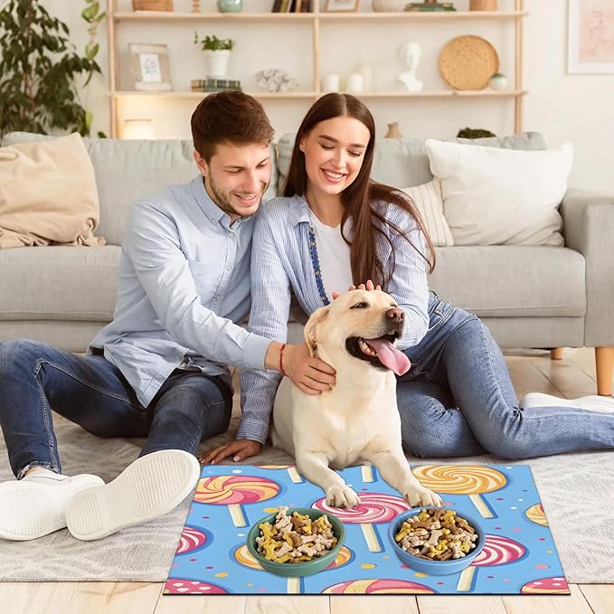 Candy Dog Food Mat for Floors Absorbent Dog Bowl Mat for Food and Water Dispenser Quick Dry Cat Food Placemat Pet Supplies 16" x 24", Lollipop