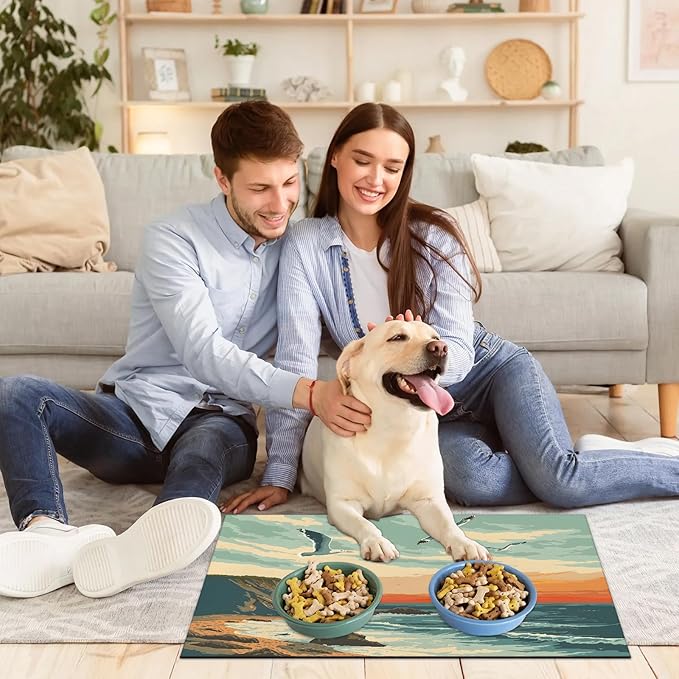 Beach Coastal Dog Food Mat for Floors Absorbent, Quick Dry Water Dispenser Mat for Food, Water, Pet Supplies 16" x 24", Ocean Landscape
