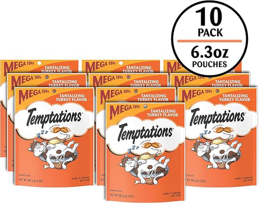 Temptations Cat Treats, Classic Crunchy and Soft Cat Treats, Tantalizing Turkey Flavor, 6.3 oz. Pouch (Pack of 10)