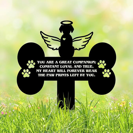 Dog Grave Marker Angel Cross β Pet Remembrance Gift for Loss of Dog, Weatherproof Metal Headstone for Yard, Garden or Indoor Memorial, 12in Sympathy Tribute Sign