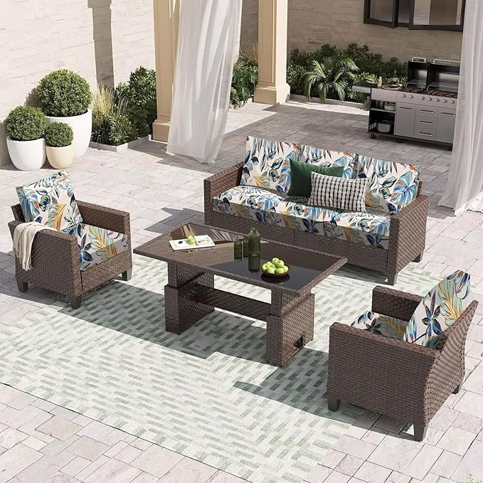 HANDONTIME 8Pcs Outdoor Patio Cushion Covers Leaves Palms Stretch Couch Cushion Cover Patio Couch Slipcover for Outdoor/Indoor Washable Non-Slip Furniture Protector for Pet (Blue, Cover Only)