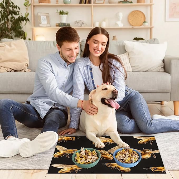 Bee Dog Food Mat for Floors Absorbent, Quick Dry Water Dispenser Mat for Food, Water, Pet Supplies 24" x 32", Farmhouse Honeybee