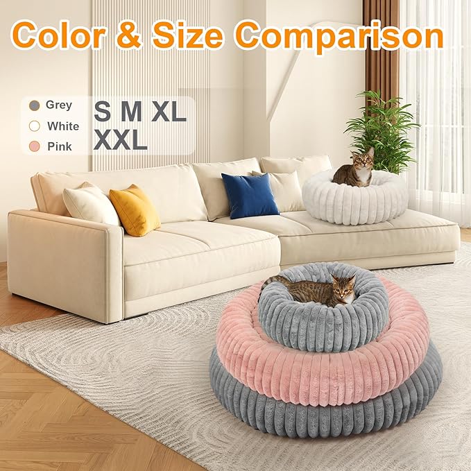 Washable Large Dog Bed,Calming Anti Anxiety Round Donut Dog Bed,Fluffy Puppy Beds for Small Dogs,Cute Kitten Cat Beds for Indoor Cats,Anti-Slip Comfort Pet Beds for Large Size(Grey,XL)