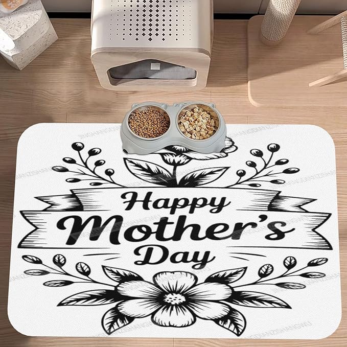 Pet Feeding Mat White Happy Mother's Day Floral Gift Mom EU Absorbent Pet Placemat for Food Water Bowl with Waterproof Rubber Backing 24x16In Quick Dry Water Dispenser Mat for Dog Cat
