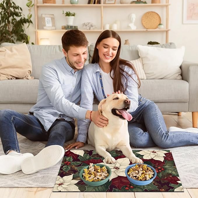 Christmas Flower Dog Food Mat for Floors Absorbent, Quick Dry Water Dispenser Mat for Food, Water, Pet Supplies 12" x 20", Red White Poinsettias