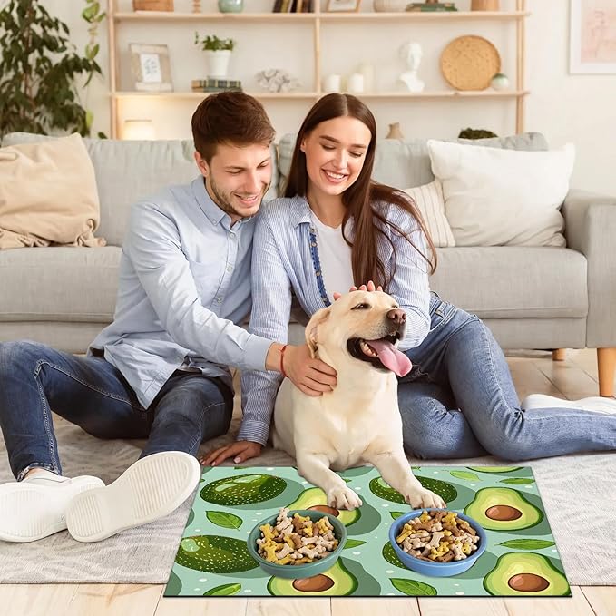 Avocado Dog Food Mat for Floors Absorbent Dog Bowl Mat for Food and Water Dispenser Quick Dry Cat Food Placemat Pet Supplies 16" x 24", Green Fruit