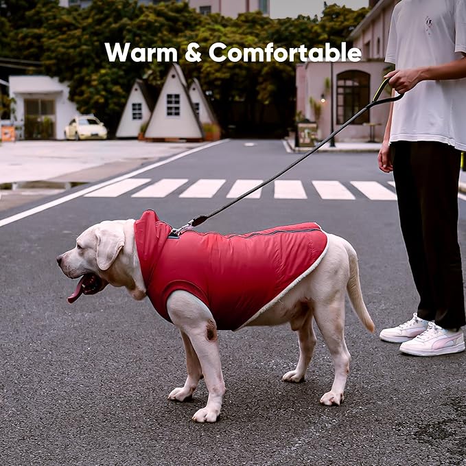 Fleece Lining Dog Hoodie with Harness Built in,Extra Warm Medium Dog Jacket in Winter Doggie Coats with Hooded,Red L