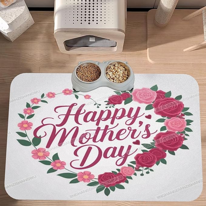 Dog Food Mat Happy Mother's Day Floral Gift for Mom Rose Absorbent Water Bowl Mats Cat Pet Feeding Placemats 18X12In