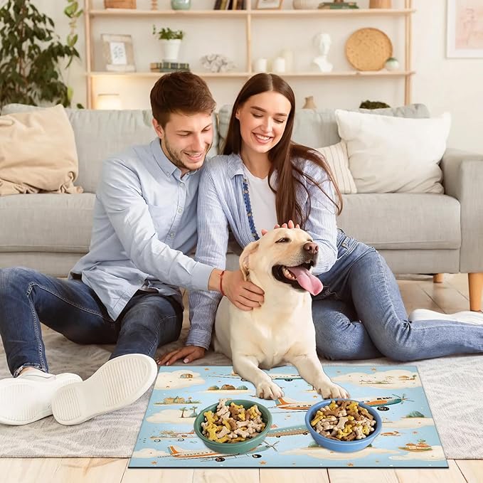 Cartoon Airplane Dog Food Mat for Floors Absorbent, Quick Dry Water Dispenser Mat for Food, Water, Pet Supplies 17" x 30", Star Clouds