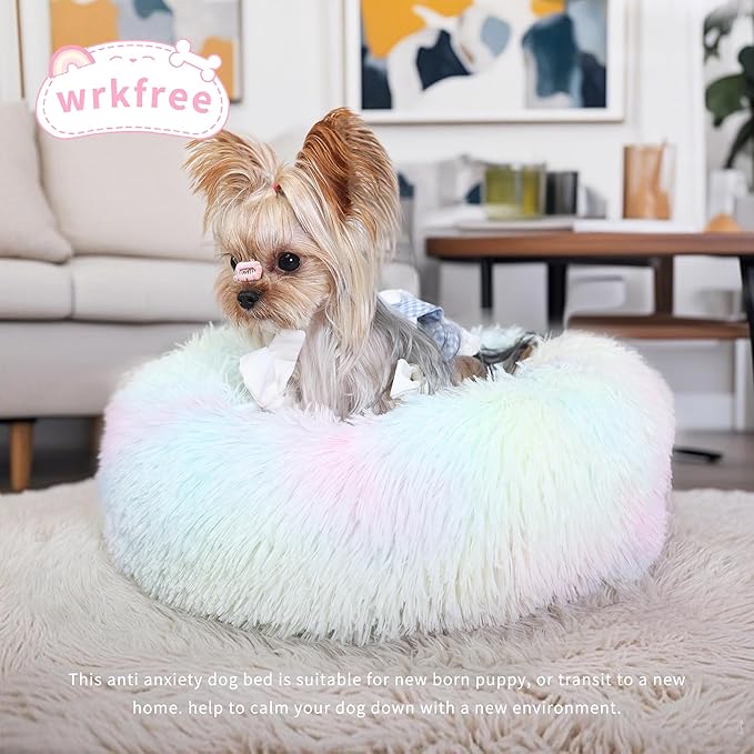 Fluffy Rainbow Dog Bed Extra Small Washable,Calming Dog Bed Rainbow for Small Dogs 15 inches Donut Soft Small Pet Bed,Anti Anxiety Round Fits up to 5 lbs Warm Comfort Pets Beds for Puppy Dogs Indoor