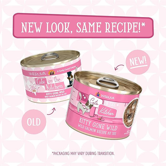 Weruva Cats in The Kitchen, Kitty Gone Wild with Wild Salmon Au Jus Cat Food, 6oz Can (Pack of 24)