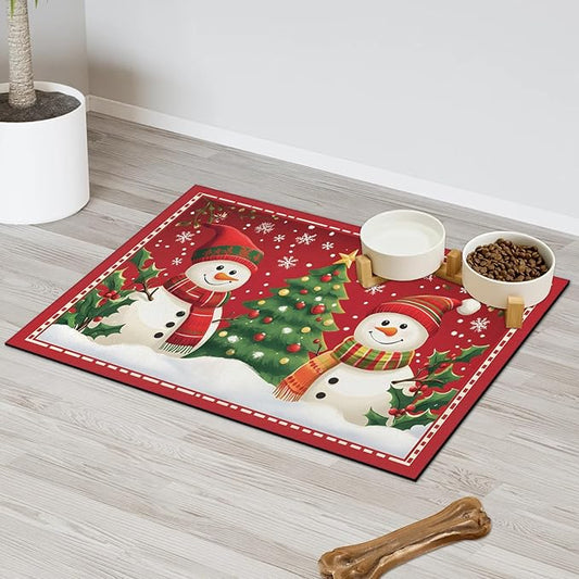 Christmas Snowman Dog Food Mat for Floors Absorbent, Quick Dry Water Dispenser Mat for Food, Water, Pet Supplies 12" x 20", Xmas Tree