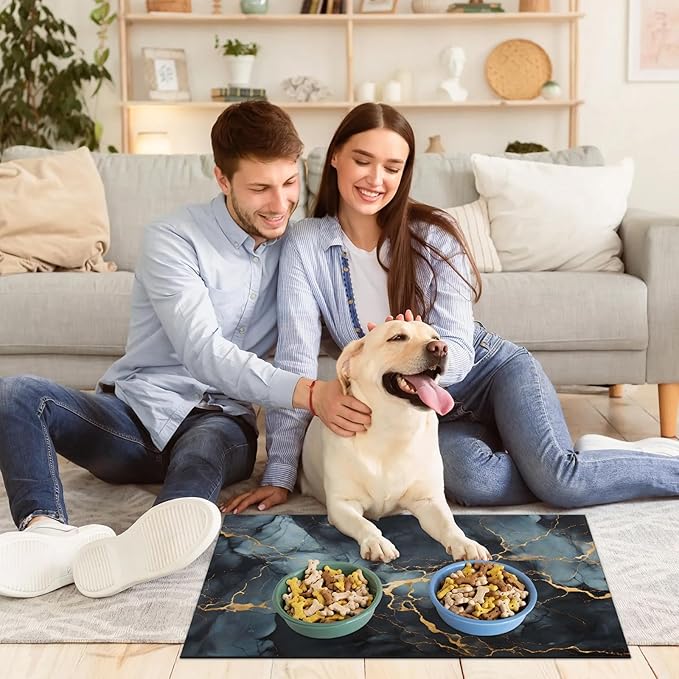 Black Marble Dog Food Mat for Floors Absorbent, Quick Dry Water Dispenser Mat for Food, Water, Pet Supplies 17" x 30", Abstract
