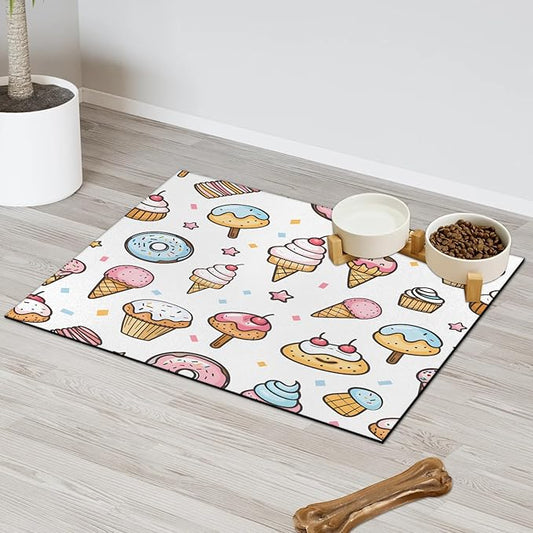 Ice Cream Dog Food Mat for Floors Absorbent Dog Bowl Mat for Food and Water Dispenser Quick Dry Cat Food Placemat Pet Supplies 16" x 24", Boho Cake