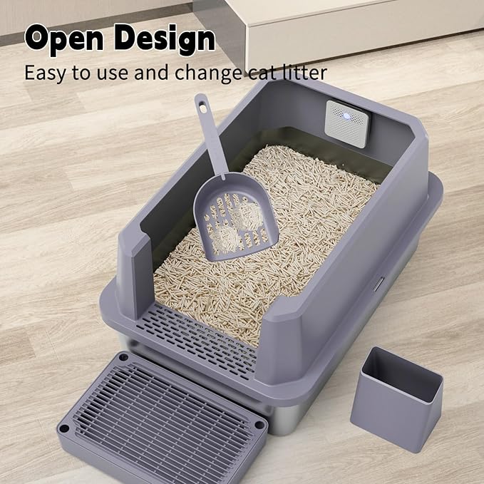 RIZZARI Stainless Steel Litter Box: Gray Leakproof Open Top Tray - Teflon Non-Stick Coating - Large Size Odor Control for Cats Under 20 lbs - with Deodorizer - 2 Pack - for Laundry Room Restroom