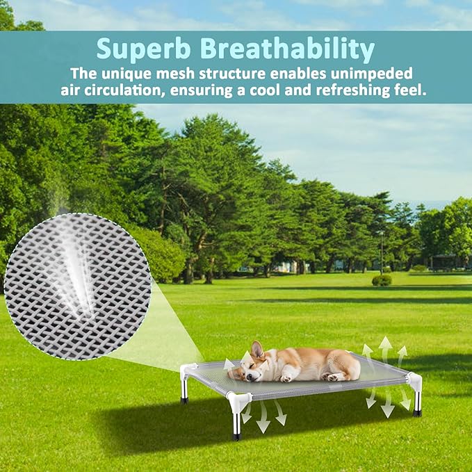 Elevated Dog Bed with Teslin Cooling Fabric - Lightweight Dog Cot for Medium Dogs, Waterproof & Washable Breathable Mesh, Raised Pet Bed for Indoor Outdoor Use, Anti-Slip, Easy Clean