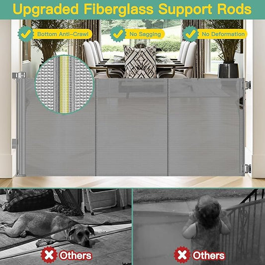 Upgraded 60" Wide Retractable Dog Gate with Reinforced Rods - Bottom Anti-Escape, 5 ft Retractable Baby Gates for Doorways Retractable Gates for Dogs Indoor/Outdoor Retractable Pet Gate, Gray