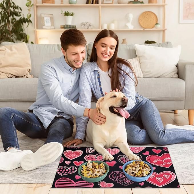 Valentines Day Dog Food Mat for Floors Absorbent, Quick Dry Water Dispenser Mat for Food, Water, Pet Supplies 16" x 24", Love Heart