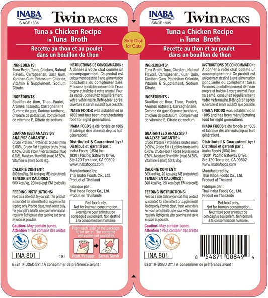 INABA Twin Packs for Cats, Side Dish/Topper Pouch, 1.4 Ounces per Serving, 16 Servings, Tuna & Chicken Recipe in Tuna Broth