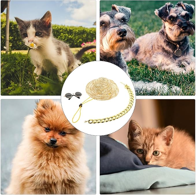 SOLUSTRE Pet Dog Accessories Set 3pcs Straw Sun Hat with Sunglasses and Puppy Necklace for Outdoor Protection and Stylish Pet Supplies