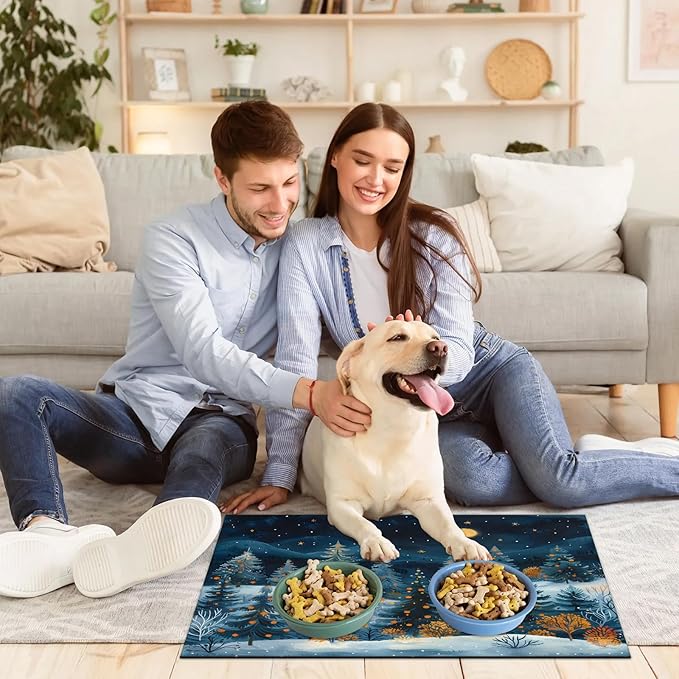 Forest Hills Dog Food Mat for Floors Absorbent, Quick Dry Water Dispenser Mat for Food, Water, Pet Supplies 16" x 24", Tree