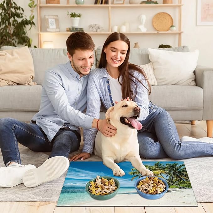 Palm Tree Dog Food Mat for Floors Absorbent, Quick Dry Water Dispenser Mat for Food, Water, Pet Supplies 17" x 30", Tropical Hawaii