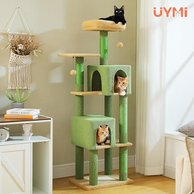 Cactus Cat Tree for Indoor Cats, 62" Multi-Level Cat Tower with 2 Spacious Condos, Scratching Pad, 4 Cat Scratching Posts, 2 Top Perches, 2 Pompoms, Green